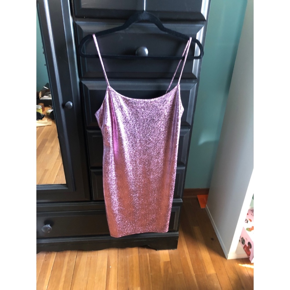 Spaghetti strap metallic pink mini dress